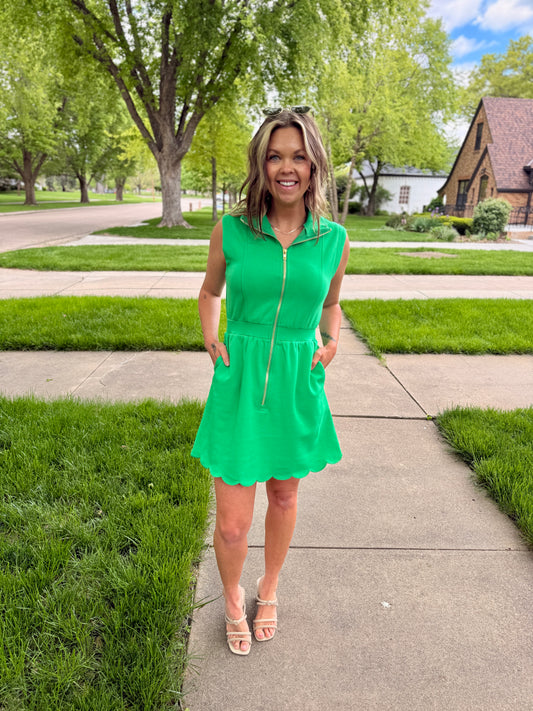 Green Scallop Trim Half-Zip Mini Dress