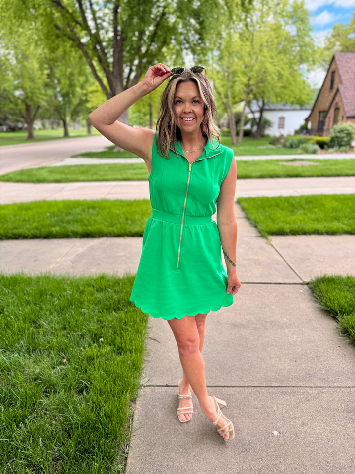 Green Scallop Trim Half-Zip Mini Dress