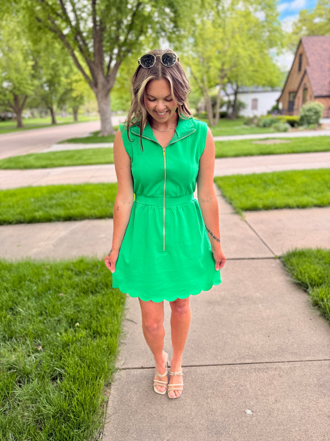 Green Scallop Trim Half-Zip Mini Dress