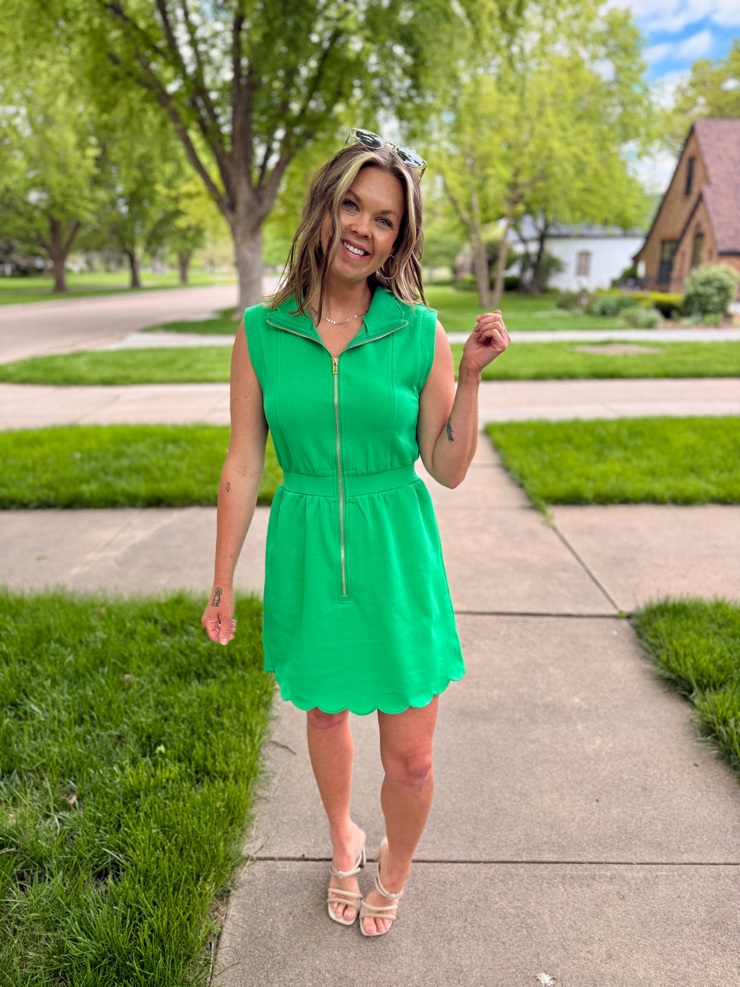 Green Scallop Trim Half-Zip Mini Dress