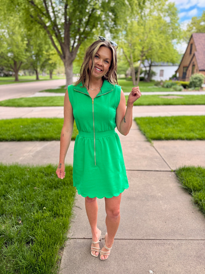 Green Scallop Trim Half-Zip Mini Dress