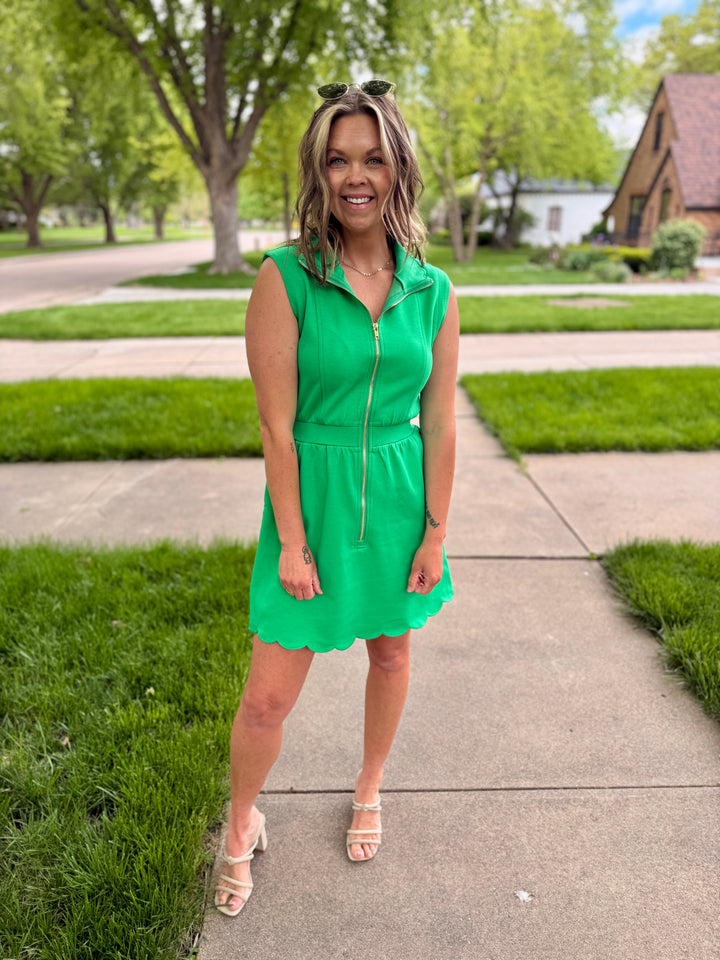 Green Scallop Trim Half-Zip Mini Dress