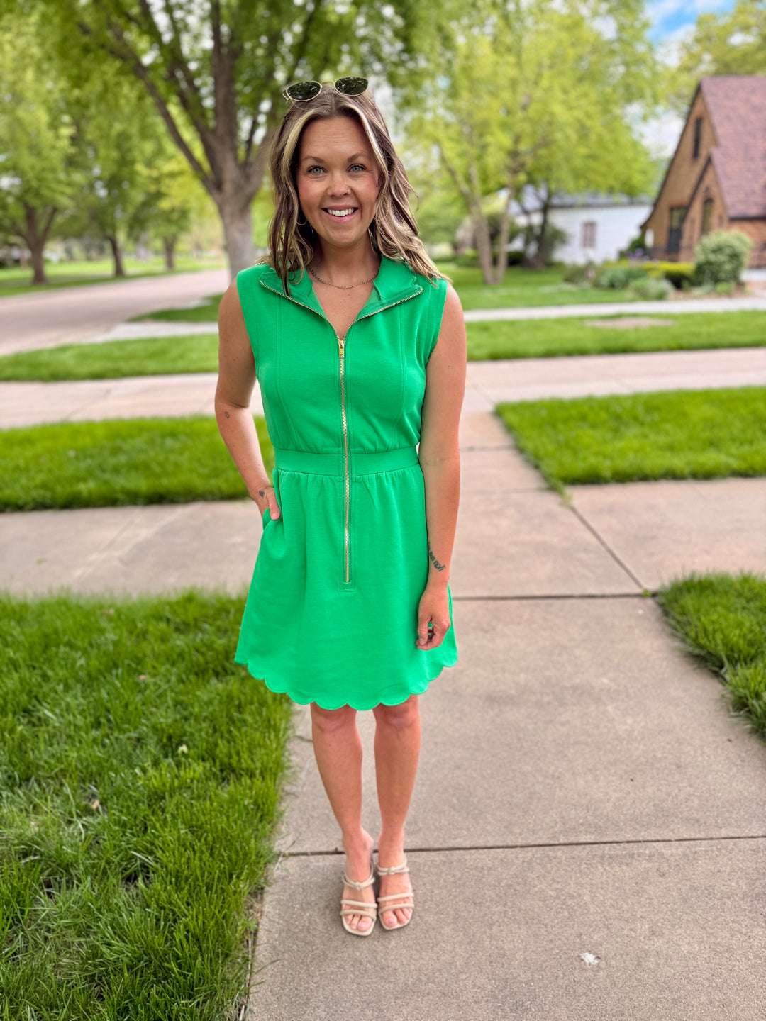 Green Scallop Trim Half-Zip Mini Dress