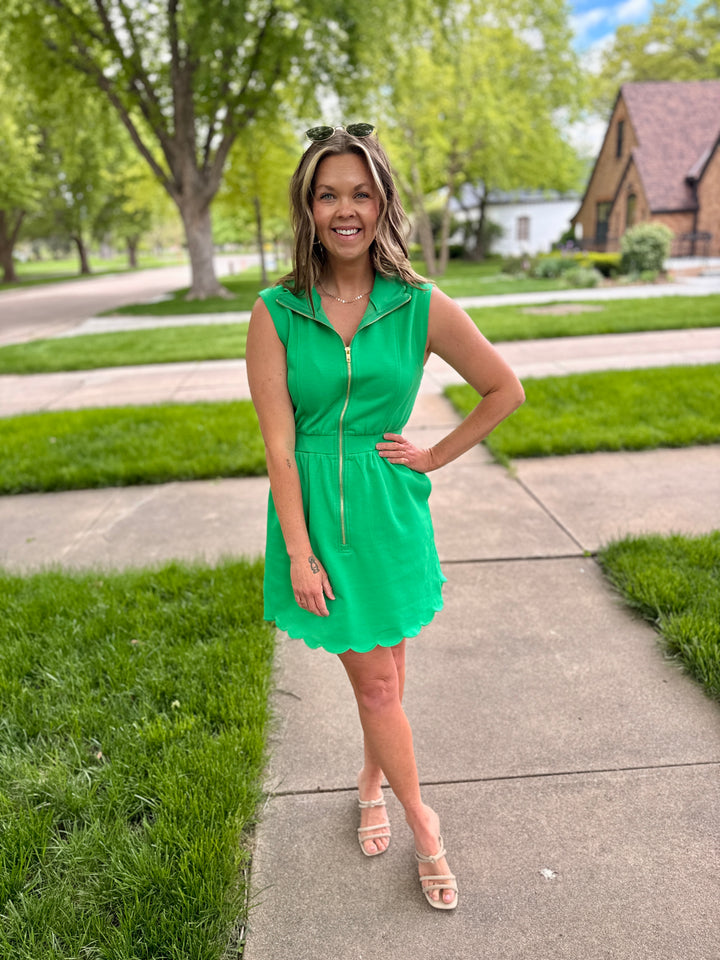 Green Scallop Trim Half-Zip Mini Dress