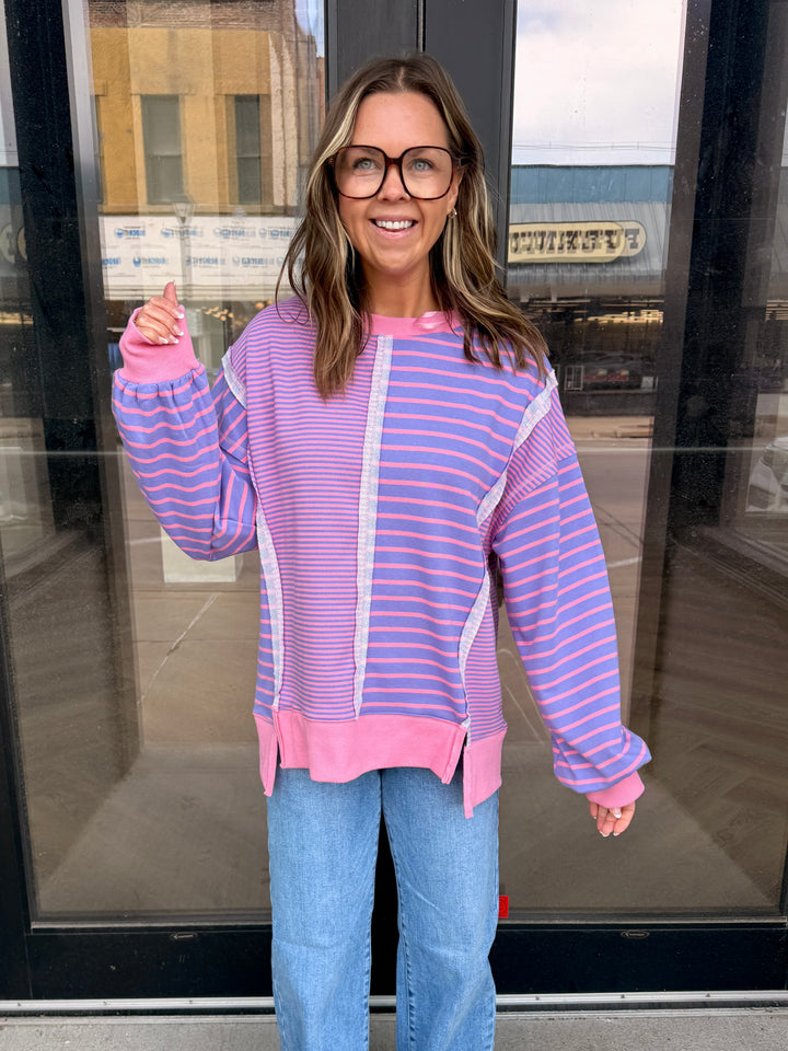 Gigi Mixed Stripe Crewneck Top - Lavender Pink