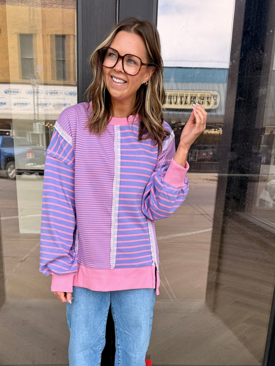 Gigi Mixed Stripe Crewneck Top - Lavender Pink