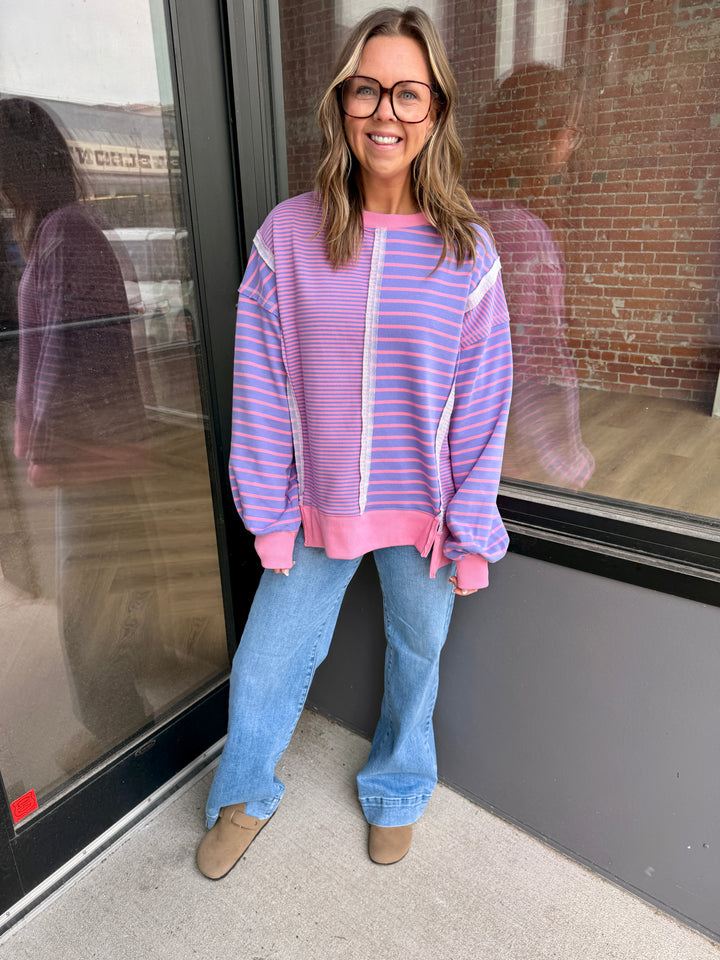 Gigi Mixed Stripe Crewneck Top - Lavender Pink