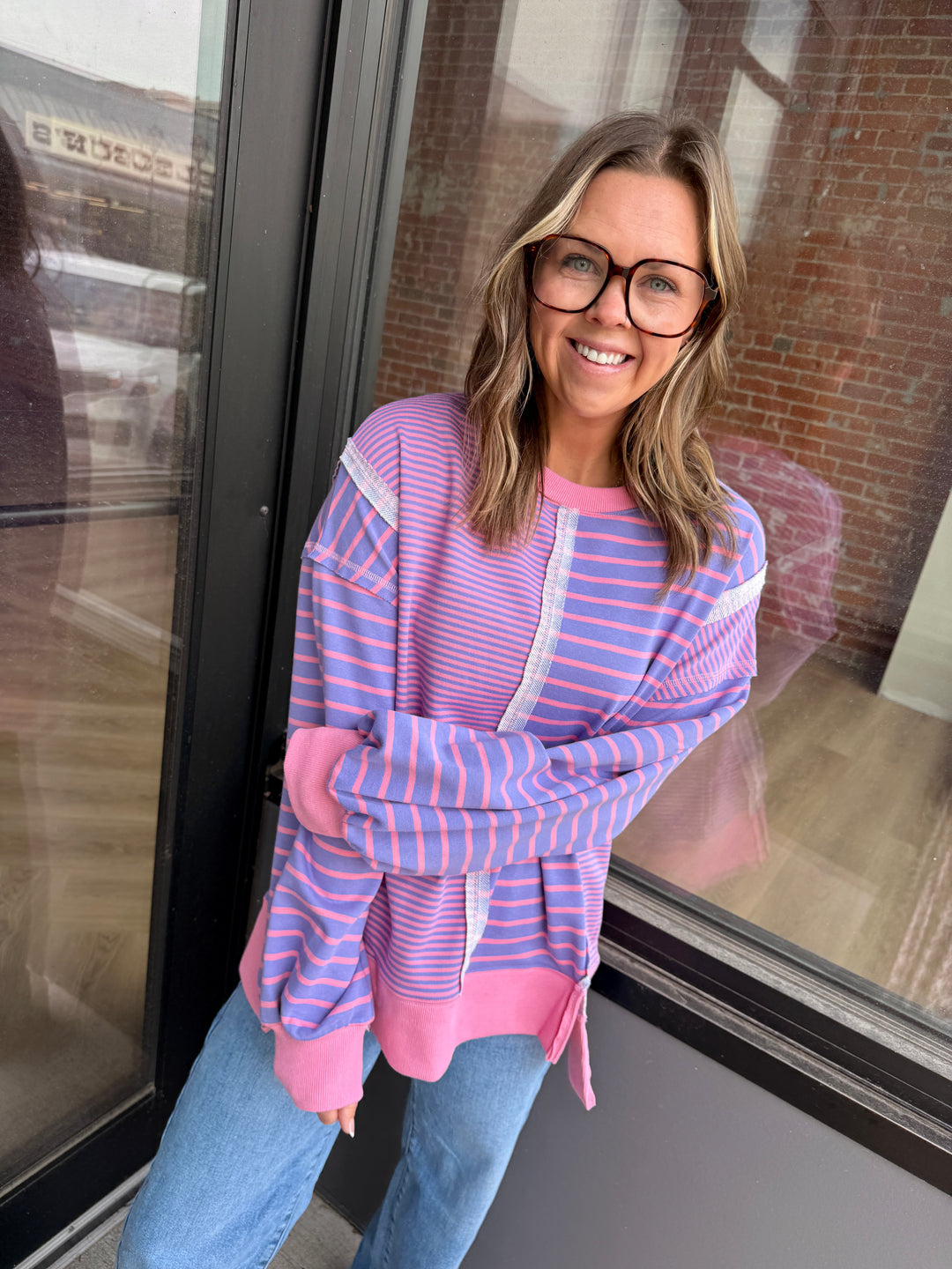 Gigi Mixed Stripe Crewneck Top - Lavender Pink