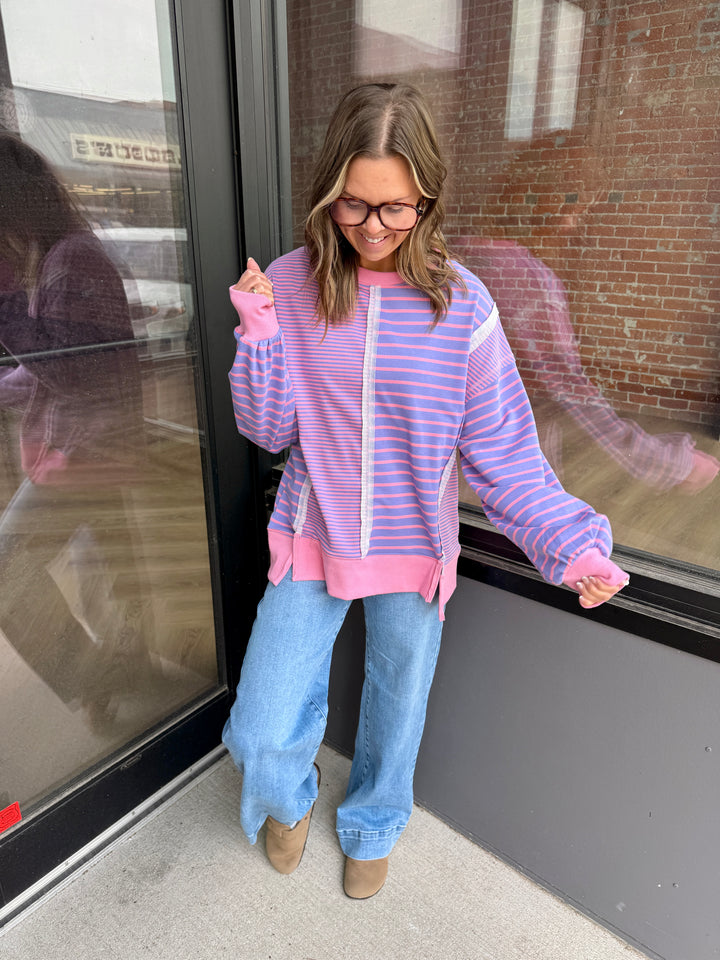 Gigi Mixed Stripe Crewneck Top - Lavender Pink
