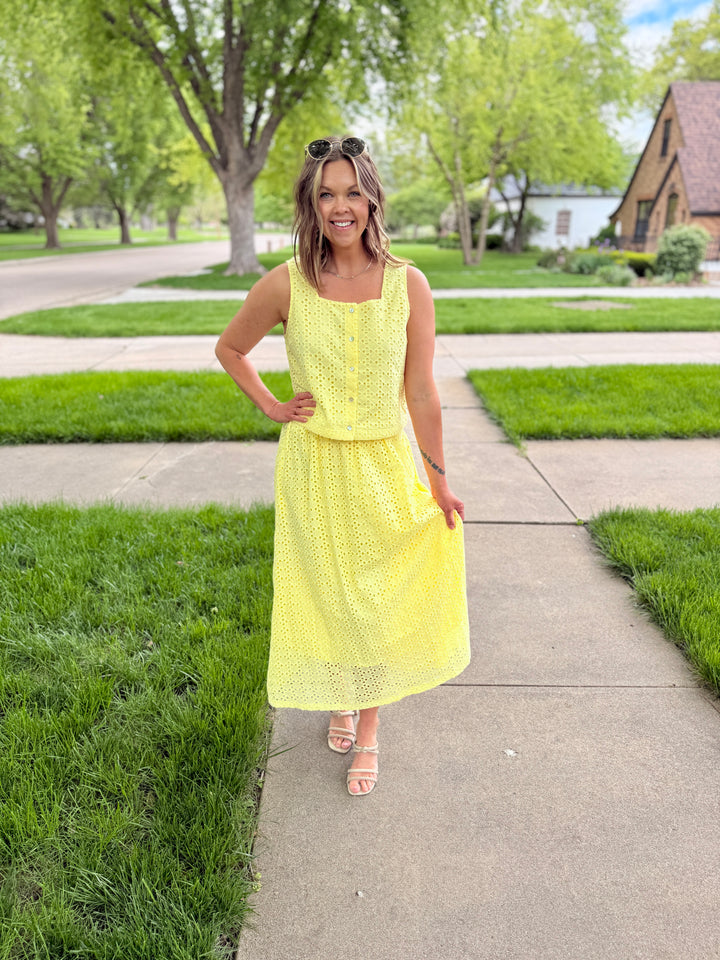 Lemon Eyelet Midi Skirt