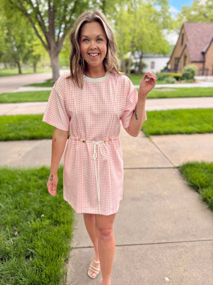 Checkered Drawstring Mini Dress