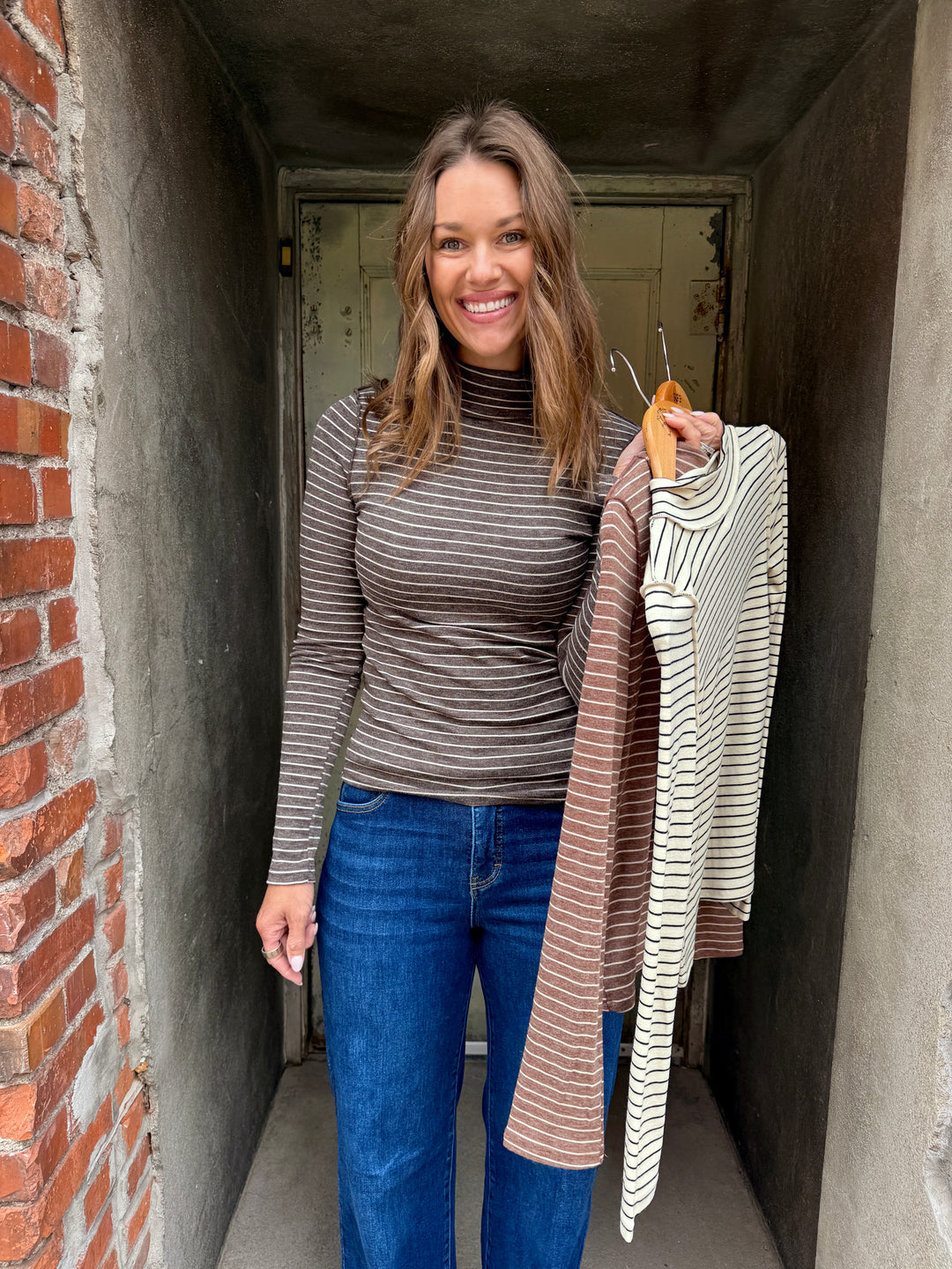 Chloe Striped Mock Neck Top - Chocolate