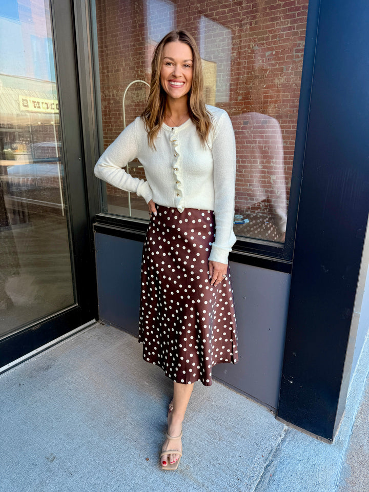 The Dot-To-Dot Satin Midi Skirt - Coffee
