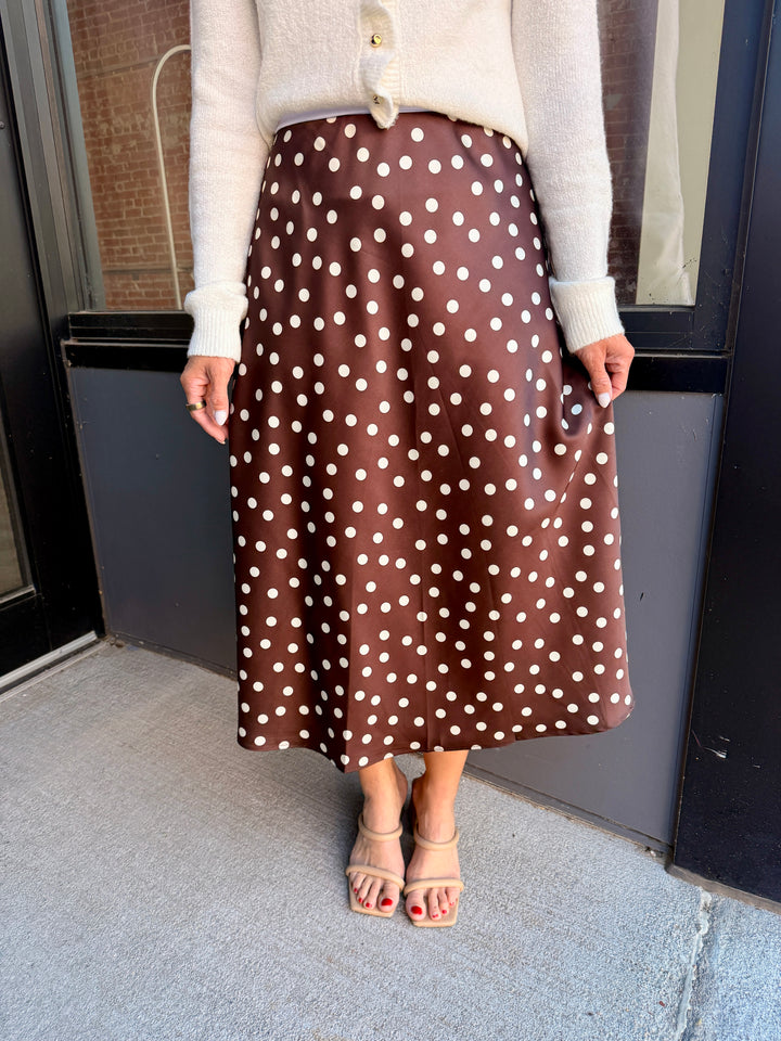 The Dot-To-Dot Satin Midi Skirt - Coffee
