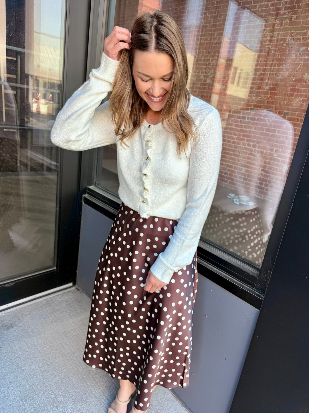 The Dot-To-Dot Satin Midi Skirt - Coffee