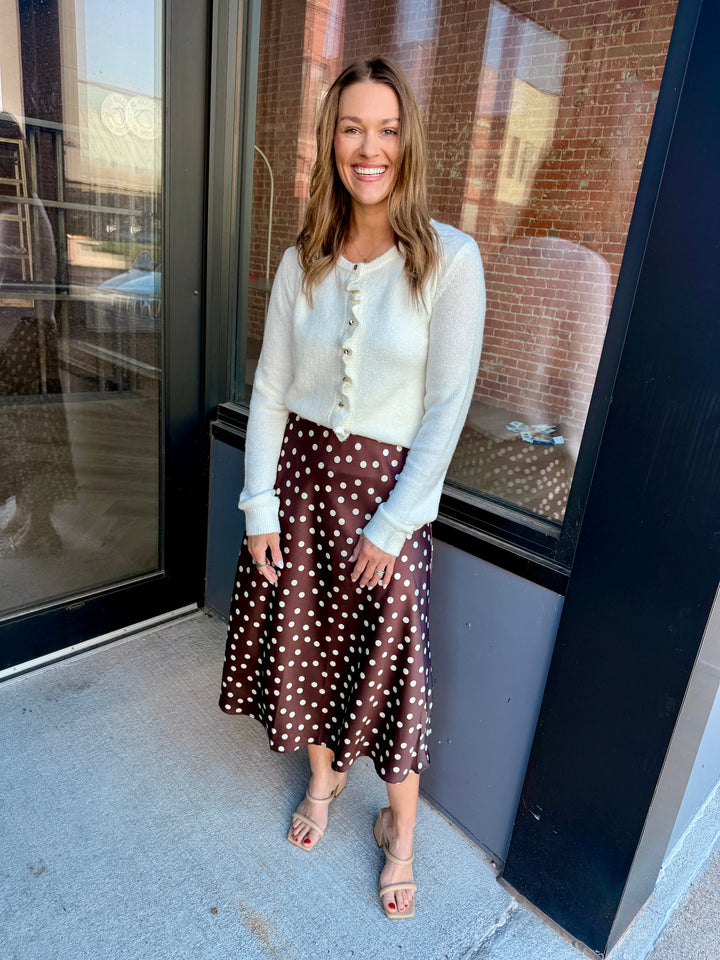 The Dot-To-Dot Satin Midi Skirt - Coffee