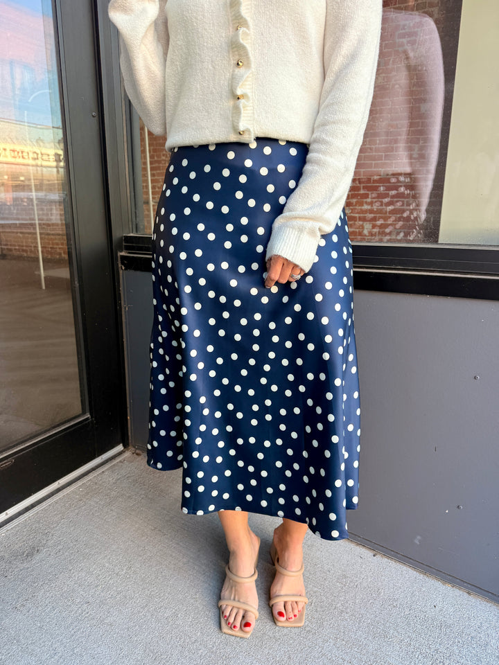 The Dot-To-Dot Satin Midi Skirt - Navy