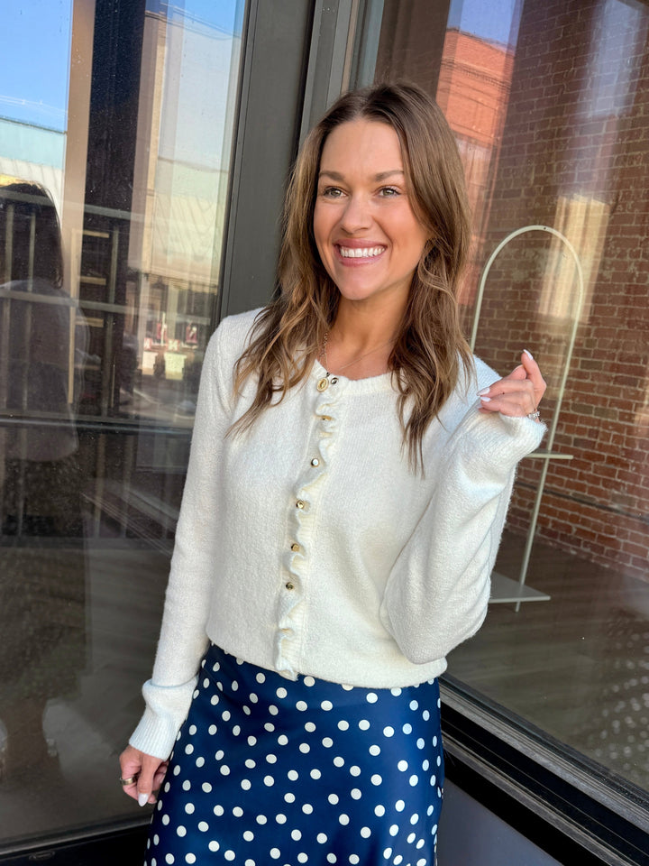 Ruffle-Placket Crewneck Cardigan - Ivory