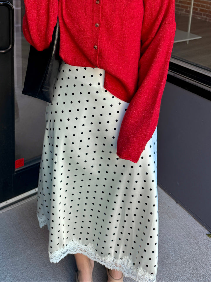 Polka Dot Lace-Trim Satin Midi Skirt - White/Black