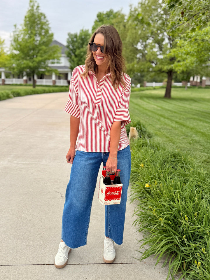 Seaside Striped Oversized Top-Red