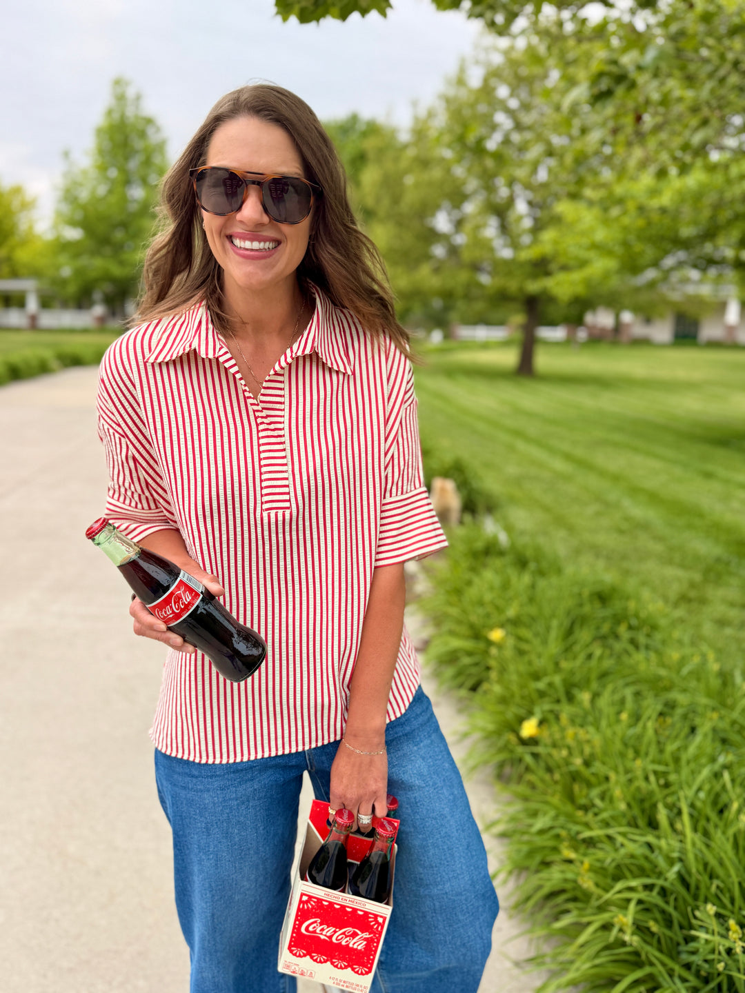 Seaside Striped Oversized Top-Red