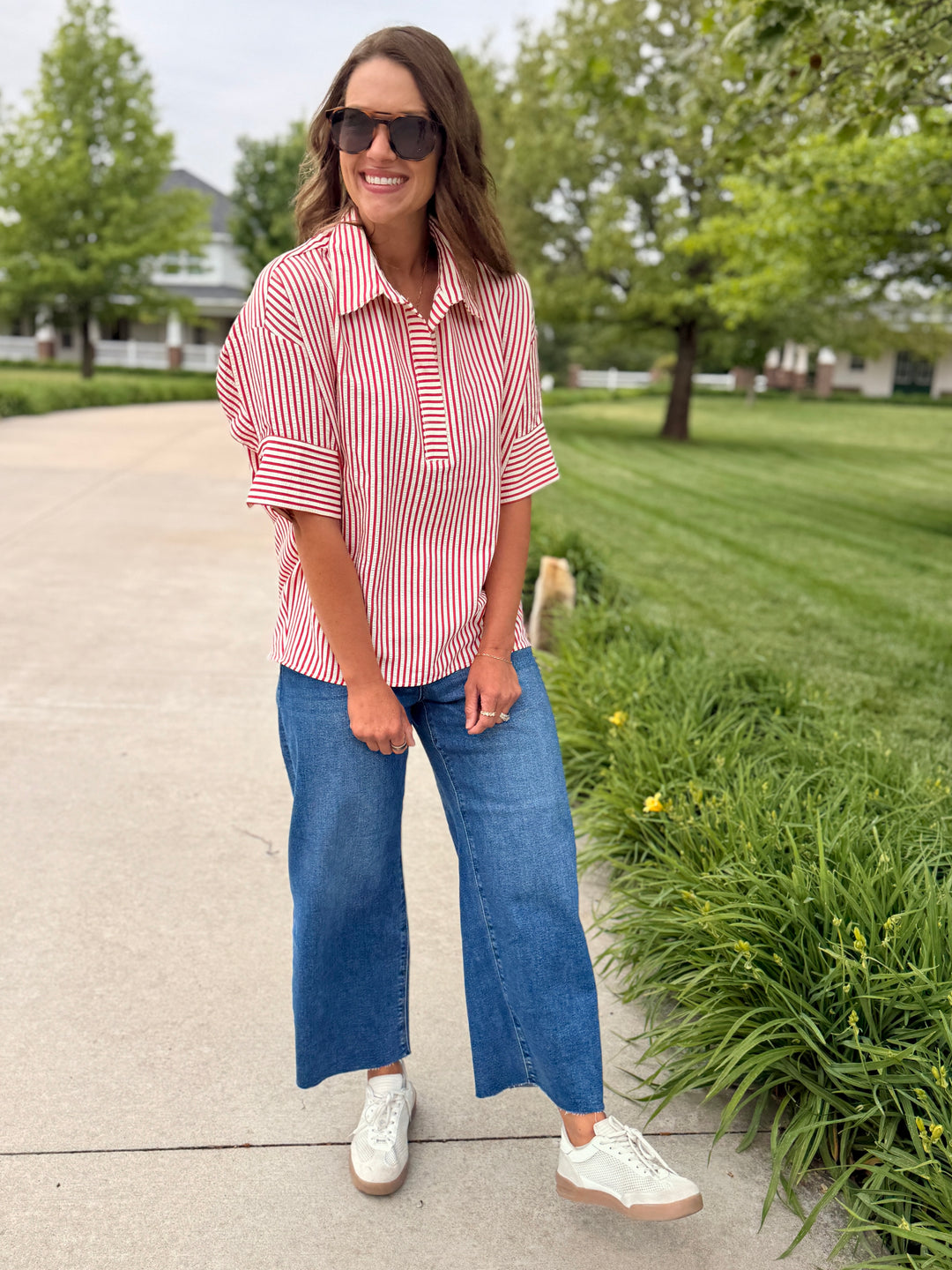 Seaside Striped Oversized Top-Red