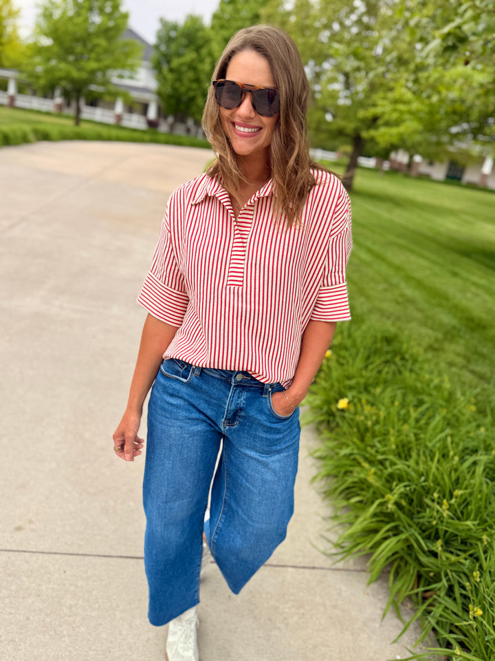 Seaside Striped Oversized Top-Red