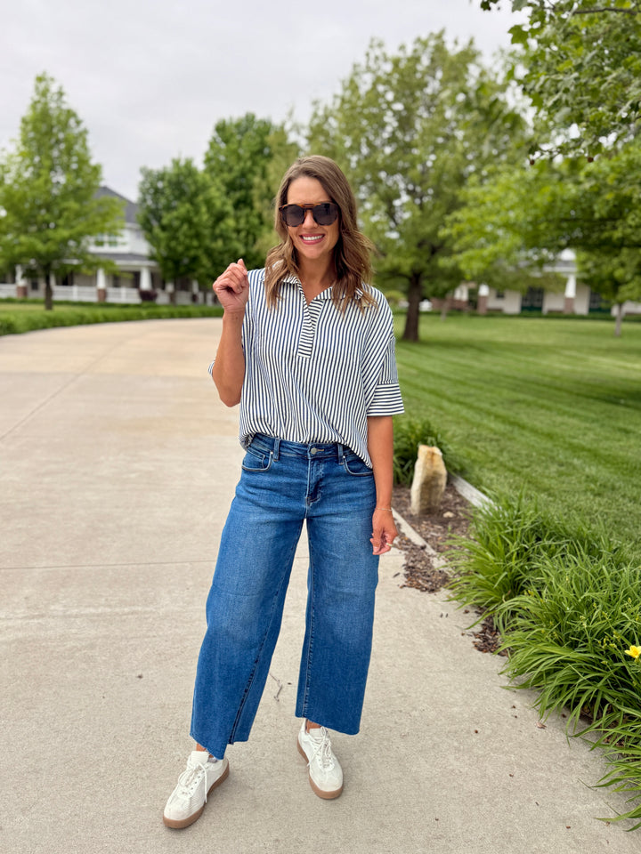 Seaside Striped Oversized Top-Navy Blue