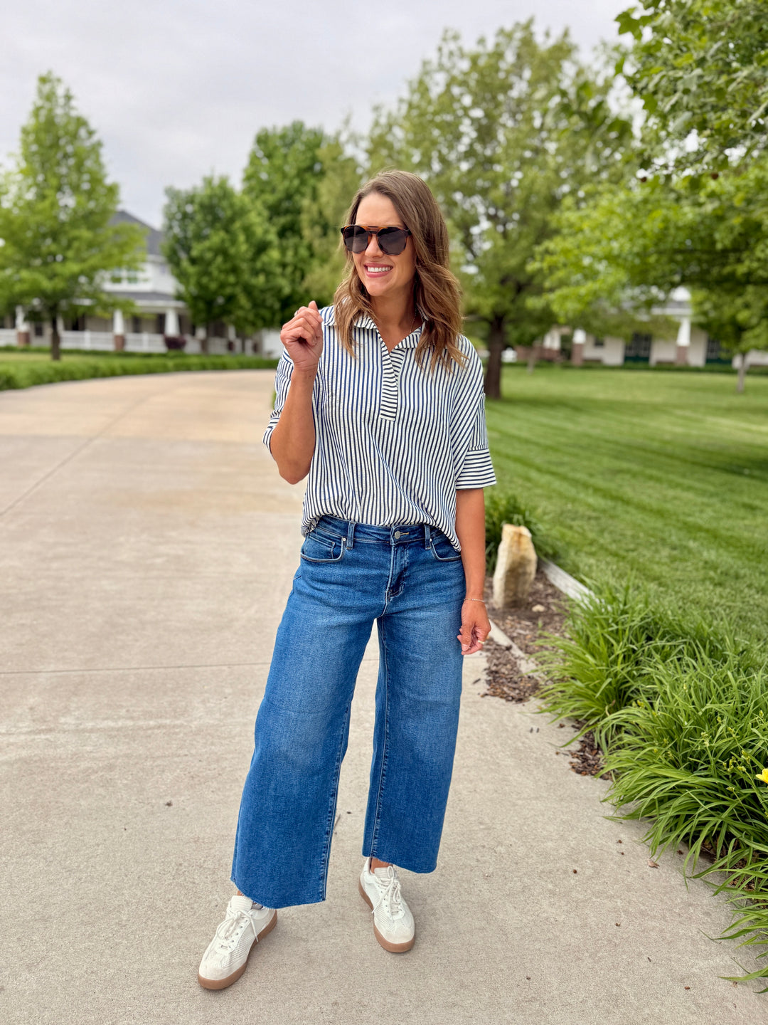 Seaside Striped Oversized Top-Navy Blue