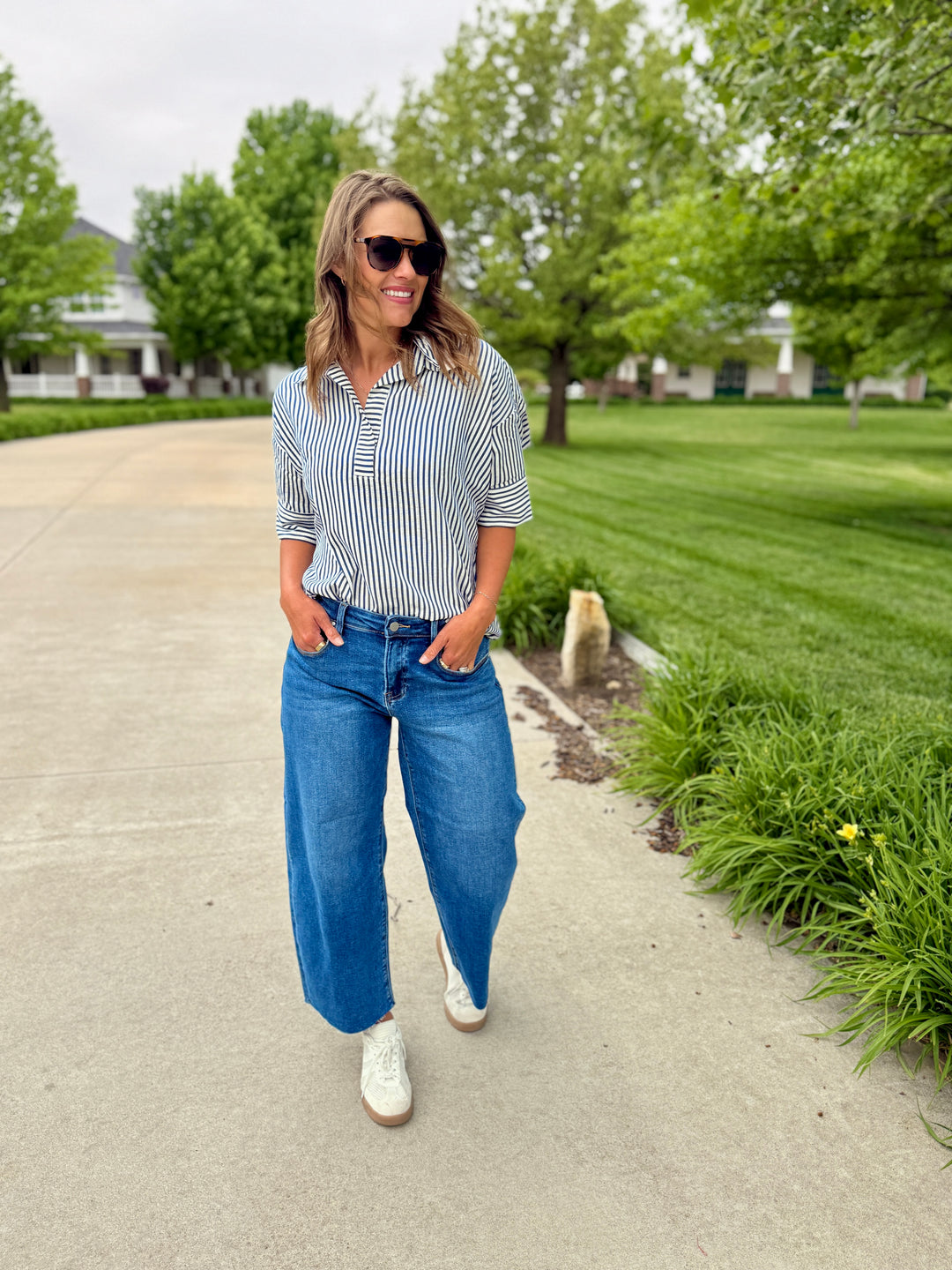 Seaside Striped Oversized Top-Navy Blue
