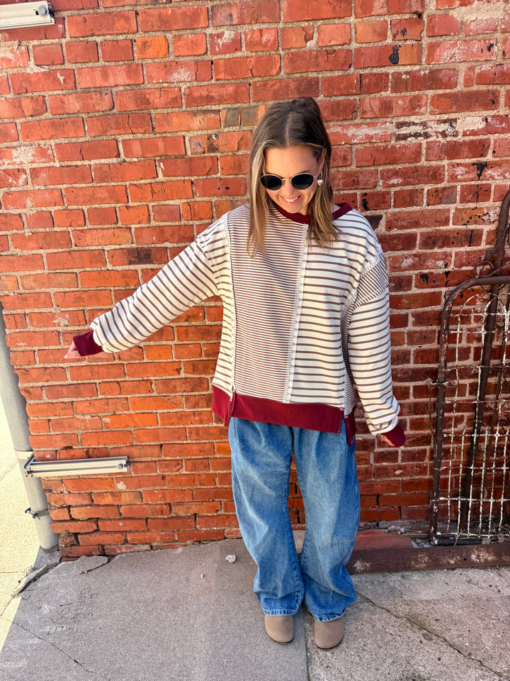 Gigi Mixed Stripe Crewneck Top - Mocha/Cream