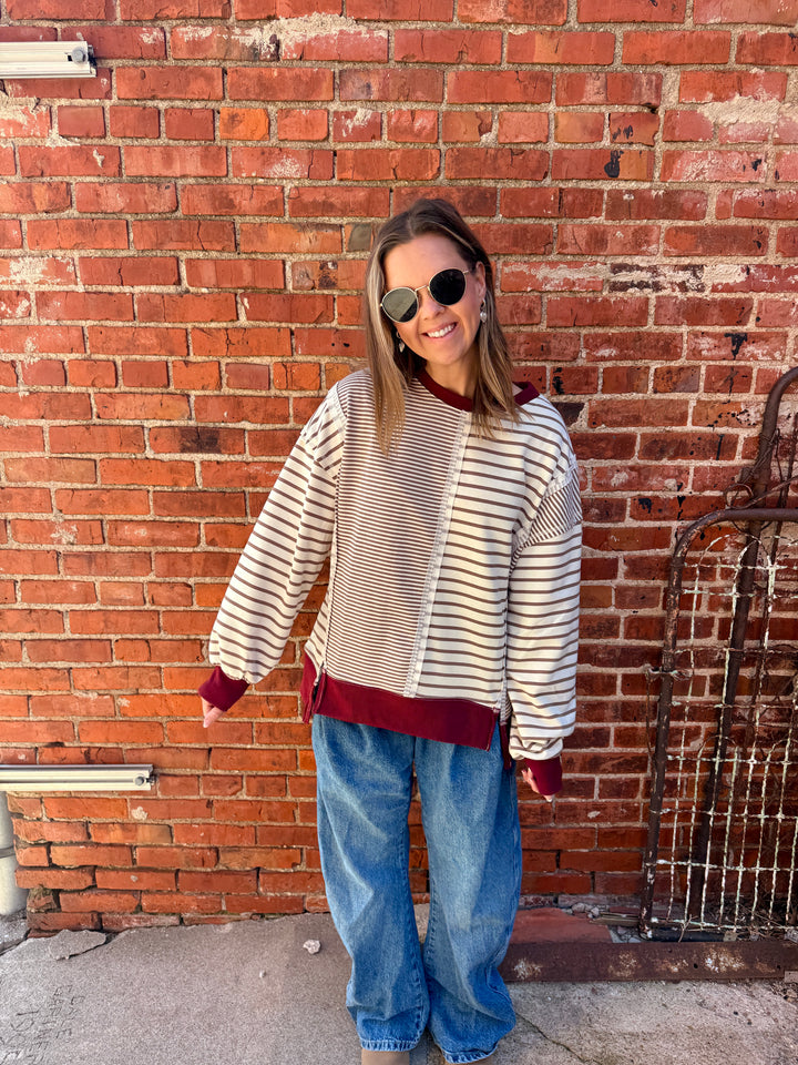 Gigi Mixed Stripe Crewneck Top - Mocha/Cream