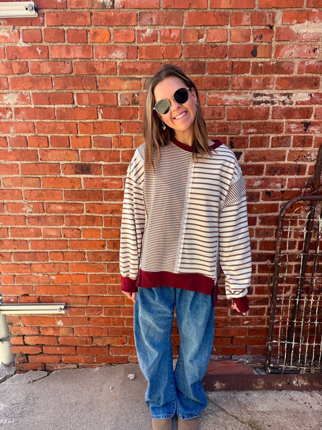 Gigi Mixed Stripe Crewneck Top - Mocha/Cream