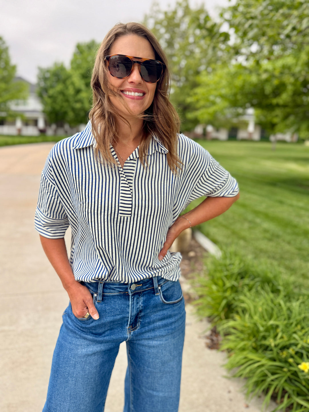 Seaside Striped Oversized Top-Navy Blue