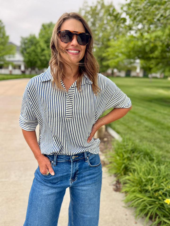 Seaside Striped Oversized Top-Navy Blue