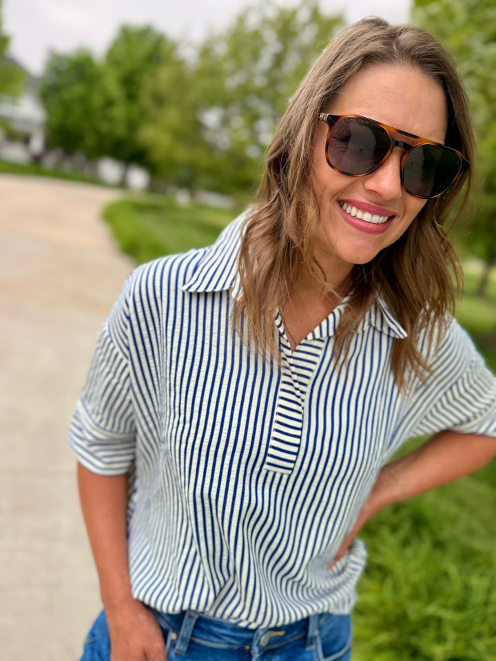 Seaside Striped Oversized Top-Navy Blue