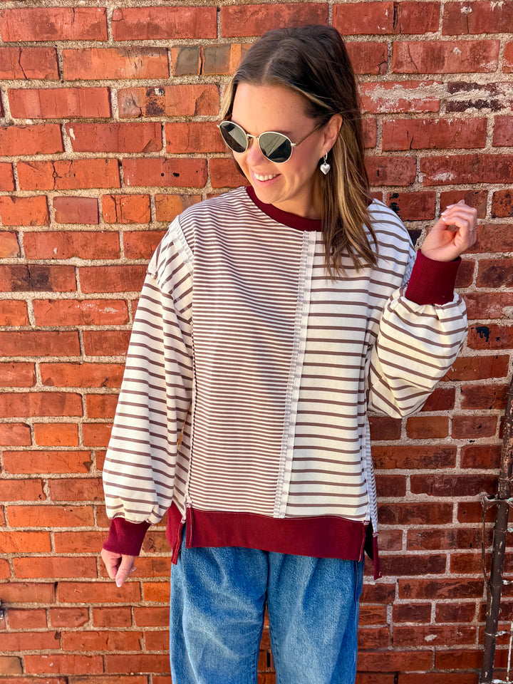 Gigi Mixed Stripe Crewneck Top - Mocha/Cream