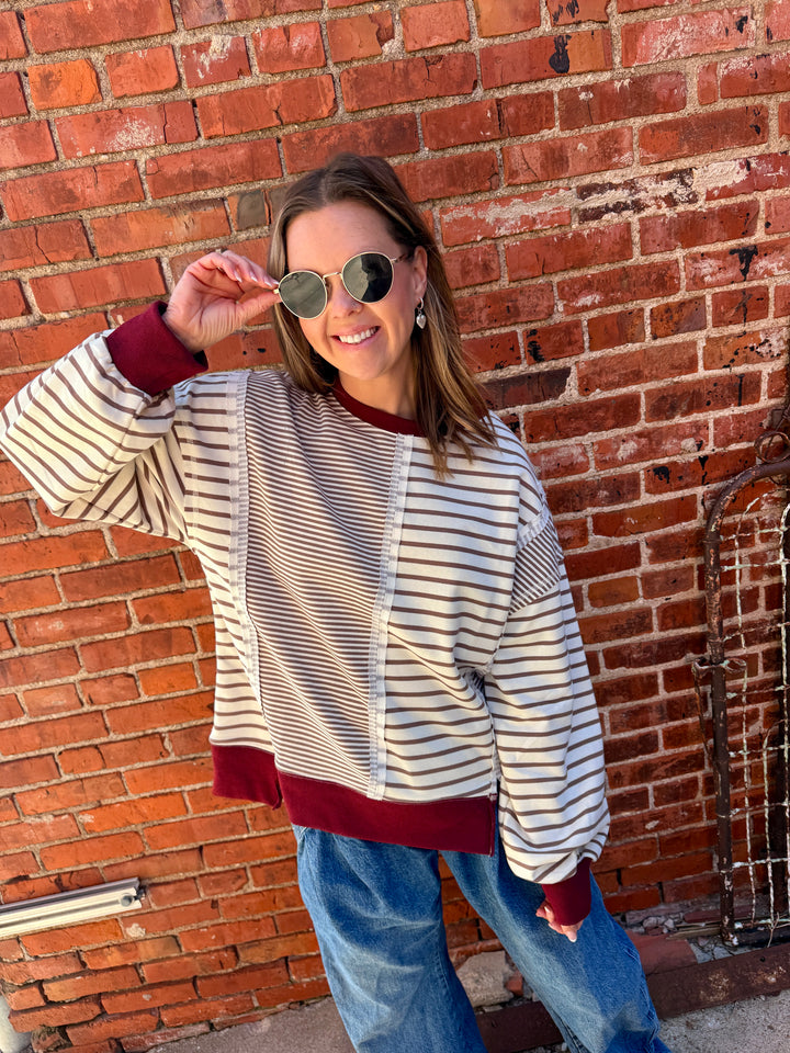 Gigi Mixed Stripe Crewneck Top - Mocha/Cream