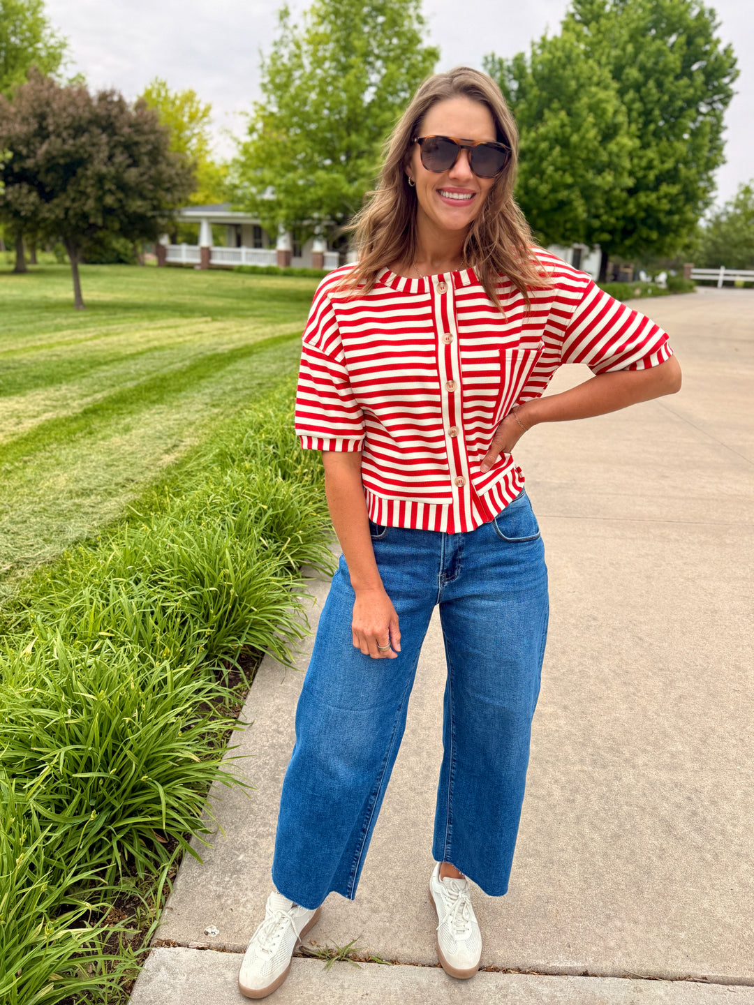 The Nora Striped Button-Down Knit Top - Red