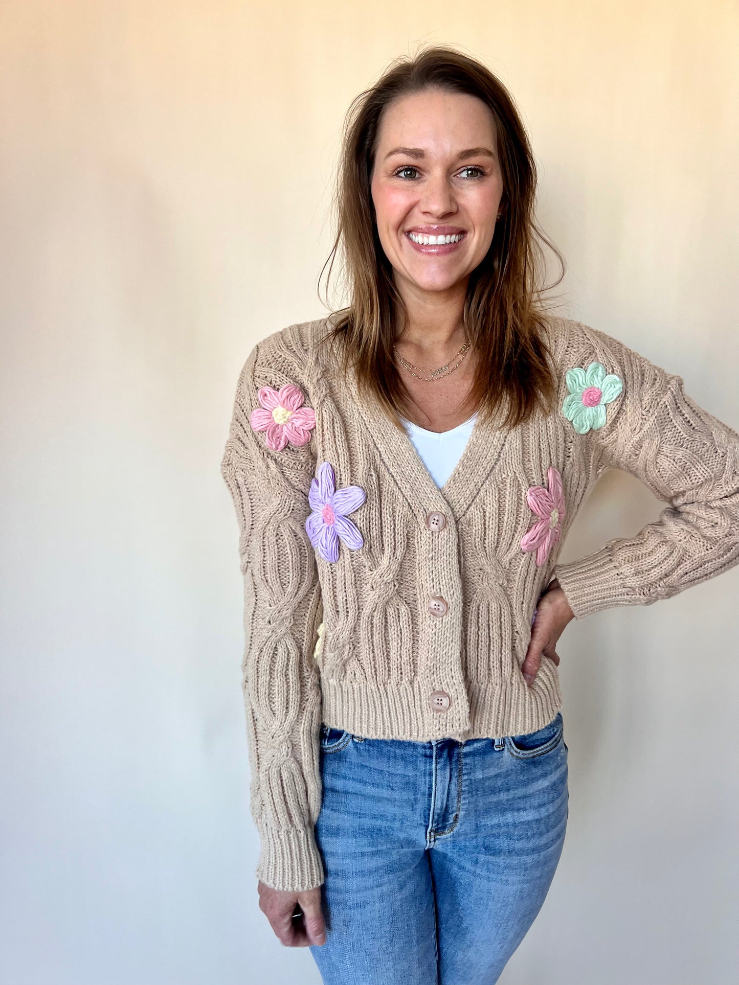 Hold My Hand-Made Flower Cardigan - Brown