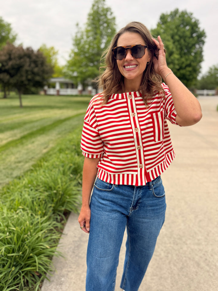 The Nora Striped Button-Down Knit Top - Red