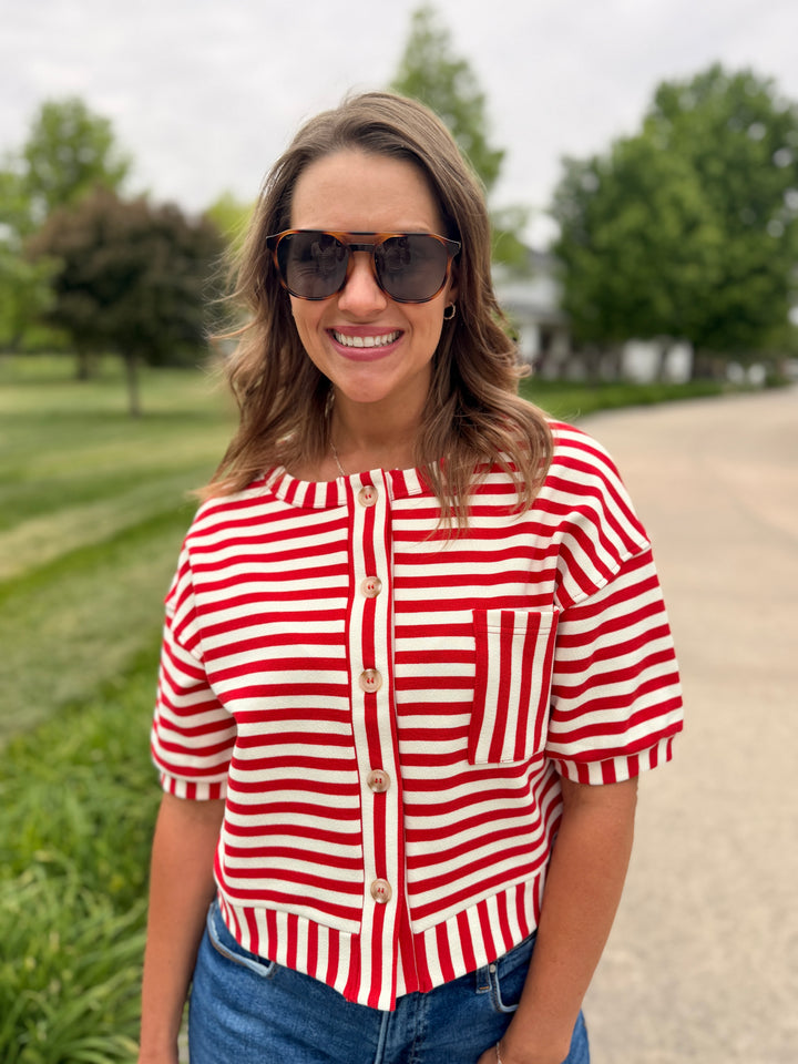 The Nora Striped Button-Down Knit Top - Red