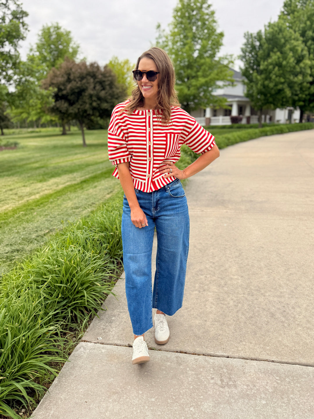 The Nora Striped Button-Down Knit Top - Red