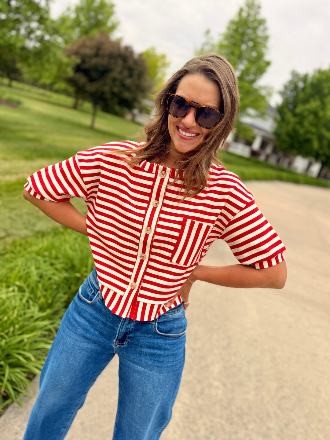 The Nora Striped Button-Down Knit Top - Red