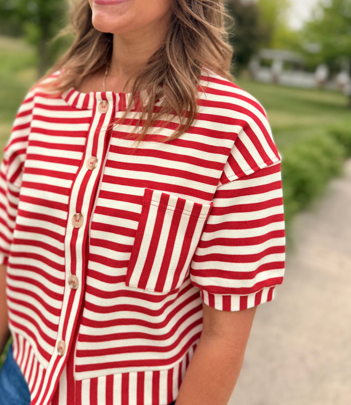 The Nora Striped Button-Down Knit Top - Red