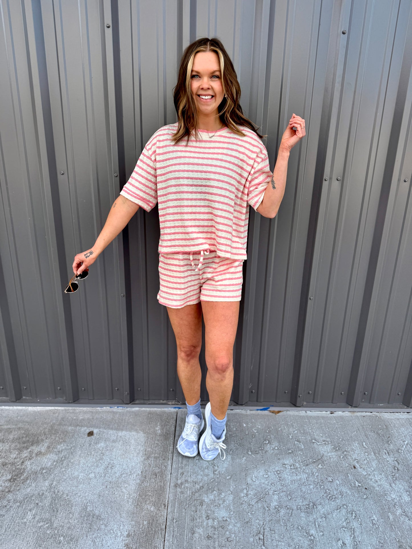 Striped Short Sleeve Tee & Shorts Set -Pink