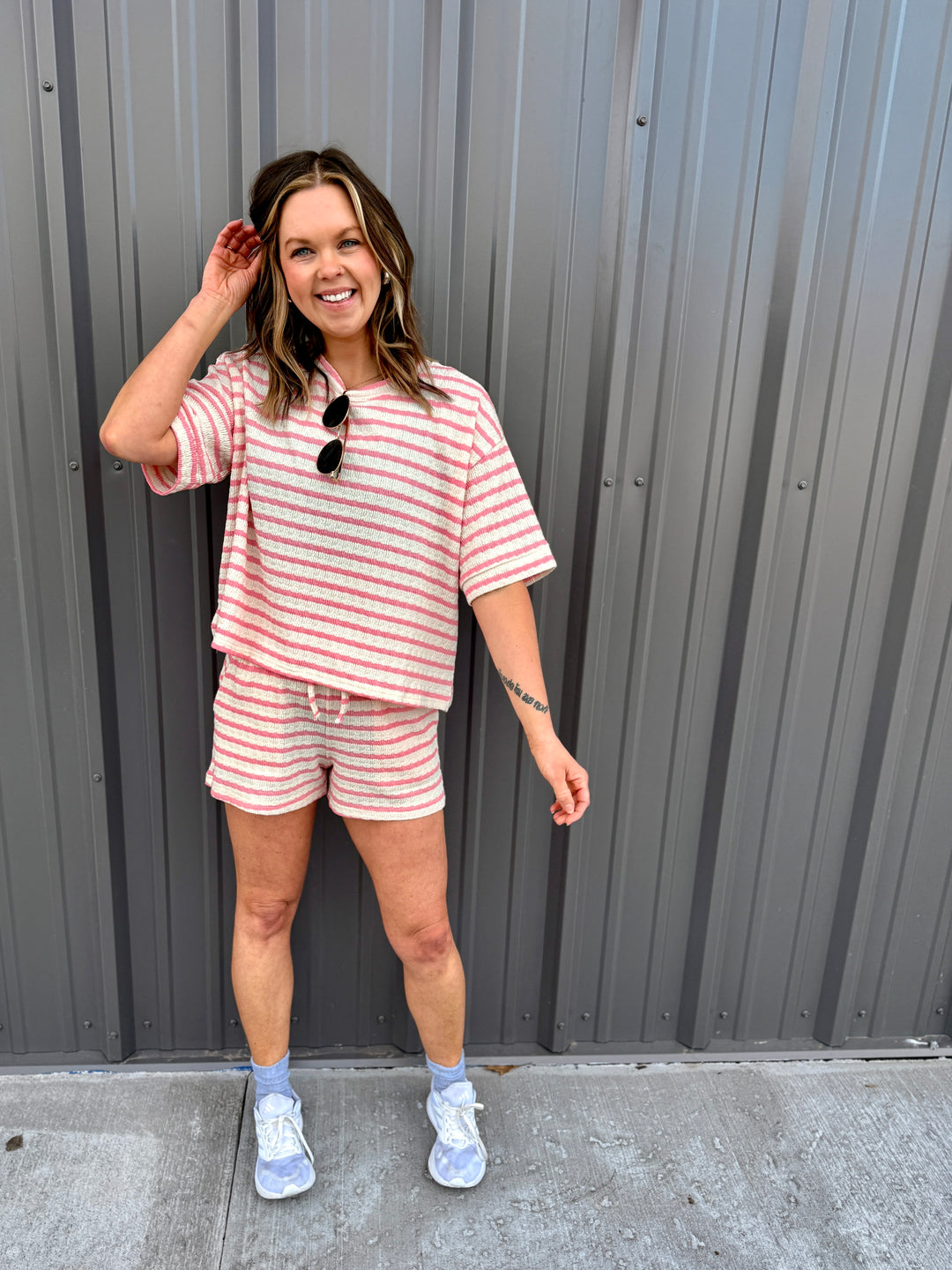 Striped Short Sleeve Tee &amp; Shorts Set -Pink