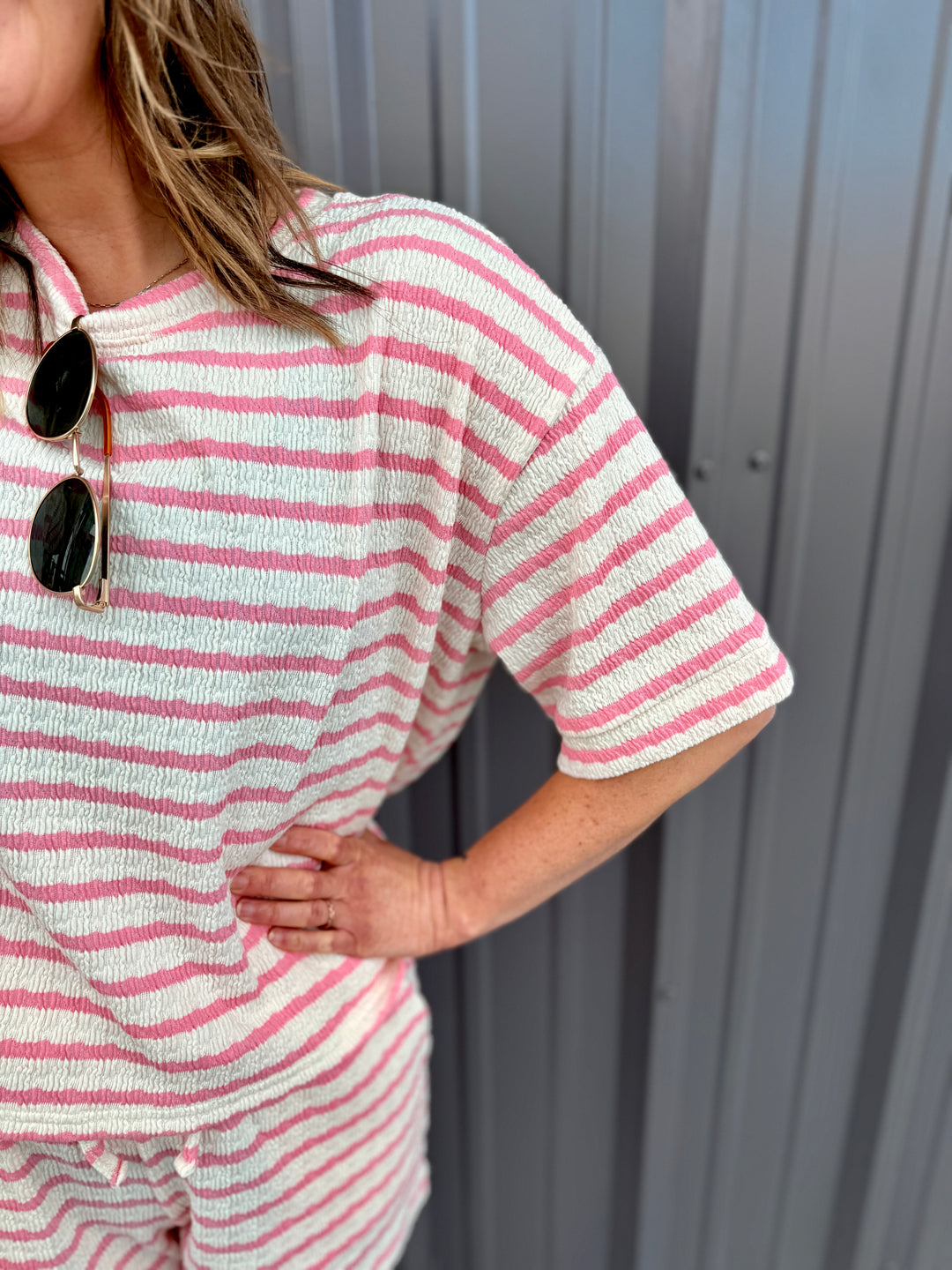 Striped Short Sleeve Tee &amp; Shorts Set -Pink