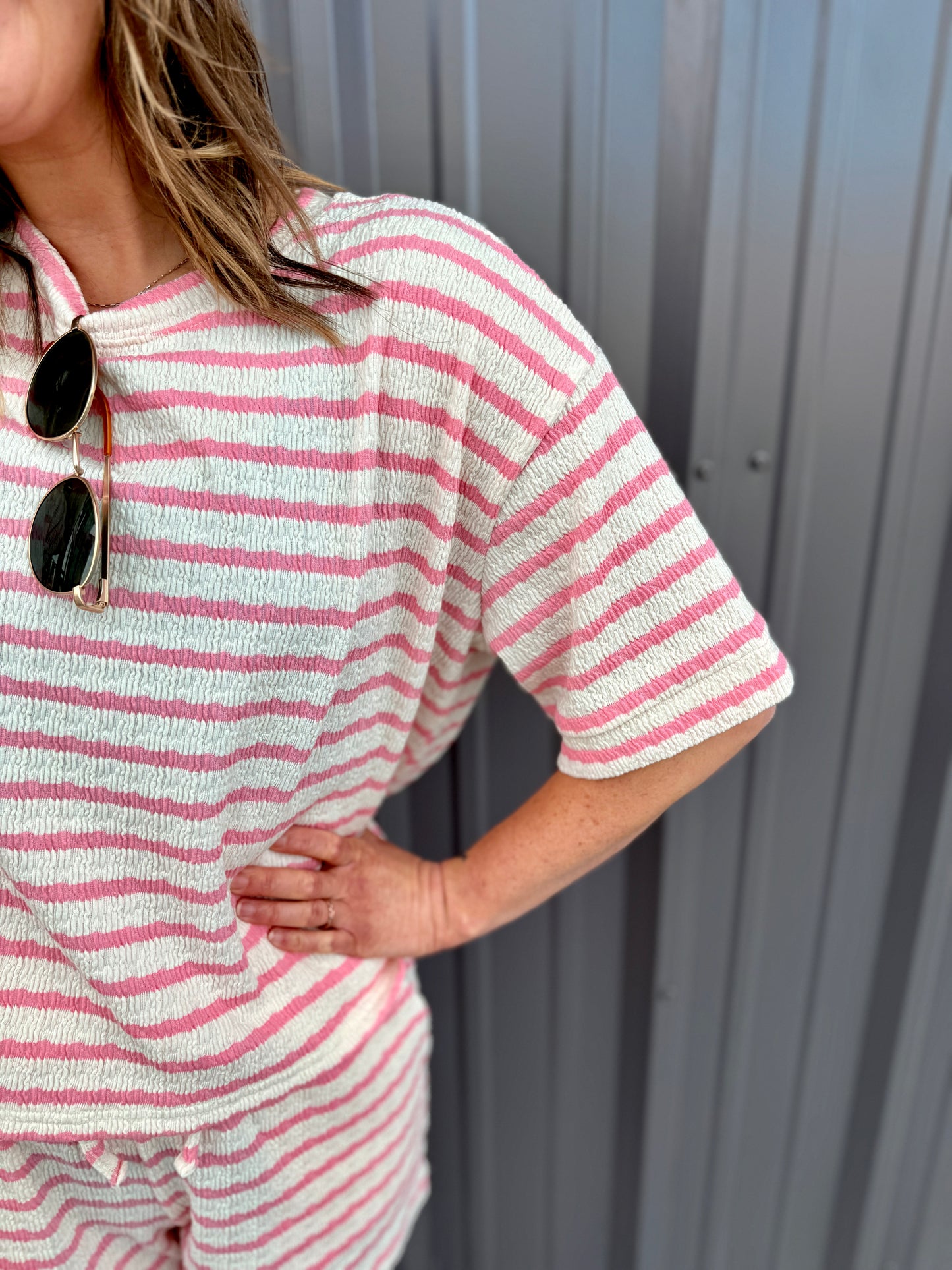 Striped Short Sleeve Tee & Shorts Set -Pink