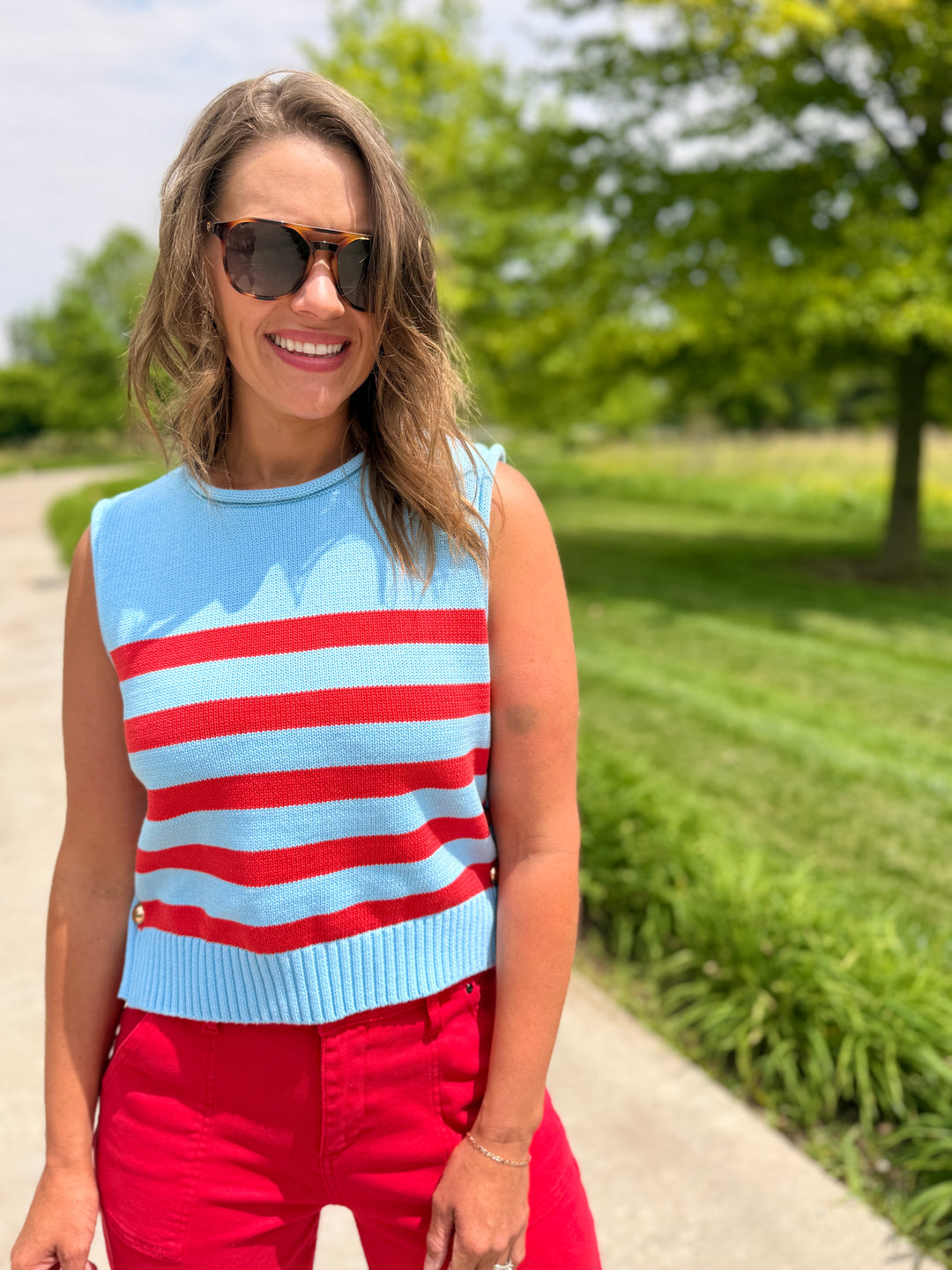 Side Button Striped Knit Vest